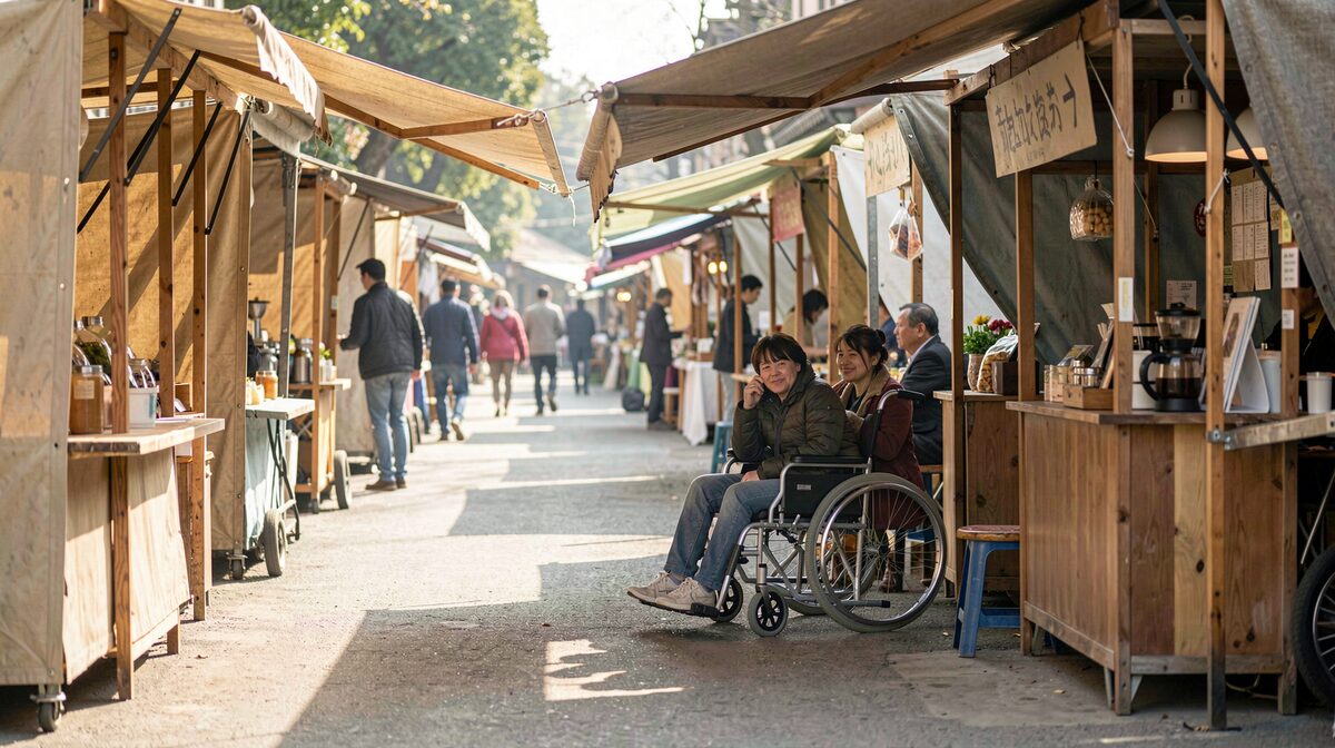 Een verharde marktroute met kramen van hout en zeil, een rolstoel met twee begeleiders ernaast bij een koffiekraam, lage ochtendzon en schaduw van een luifel, van op ooghoogte gefotografeerd.