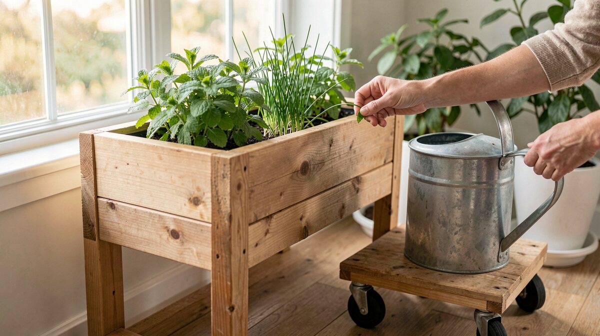 Een verhoogde houten plantenbak op 80 centimeter hoogte in een lichte binnentuin, gevuld met munt en bieslook, een gieter van 2 liter op een verrijdbaar plateau ernaast, zacht ochtendlicht door een groot raam, close-up van de bak en de handen van een bewoner die een blad plukt.